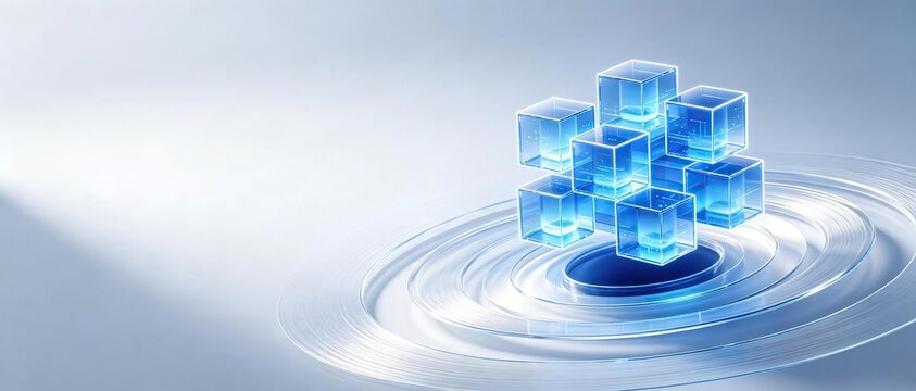 Glowing blue transparent glass blockchain cubes placed on concentric circular glass platform on light clean blue gray background representing digital technology and data concept