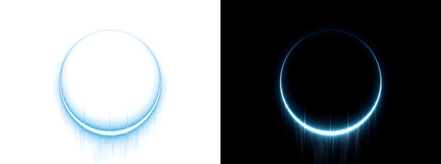 Blue neon ring with a bright glowing lower arc and thin vertical light streaks dripping below for futuristic frames in PNG, Transparent and Black Background Versions © Guddoo