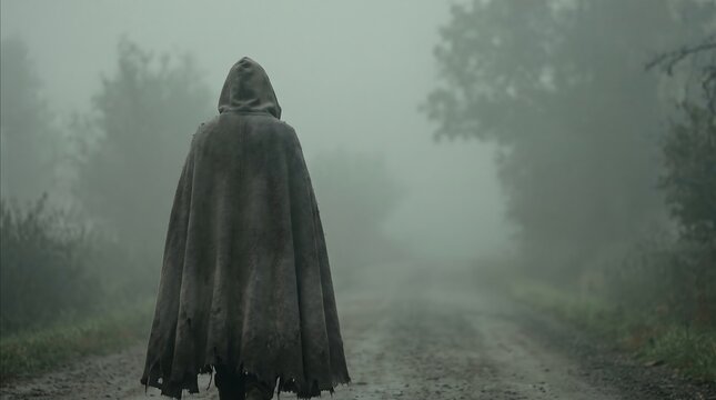 Back view of a mysterious person in a hooded cloak walking down a