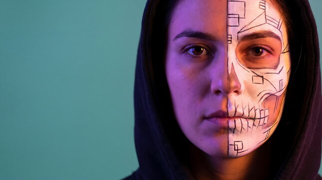 Young woman with half face skeleton makeup and geometric lines