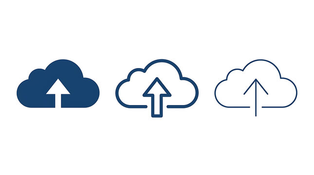 Set of blue cloud upload icons isolated on transparent background for