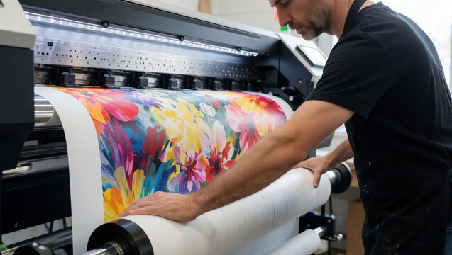 Professional technician operating a wide format printer. Man printing colorful floral pattern on paper roll in a print shop