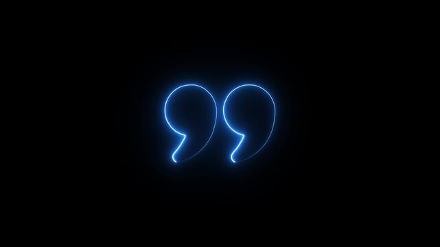  Minimal Neon Quotation Mark Icon for Digital Design. Glowing Blue Neon Double Quotation Marks Icon Animation on Black Background