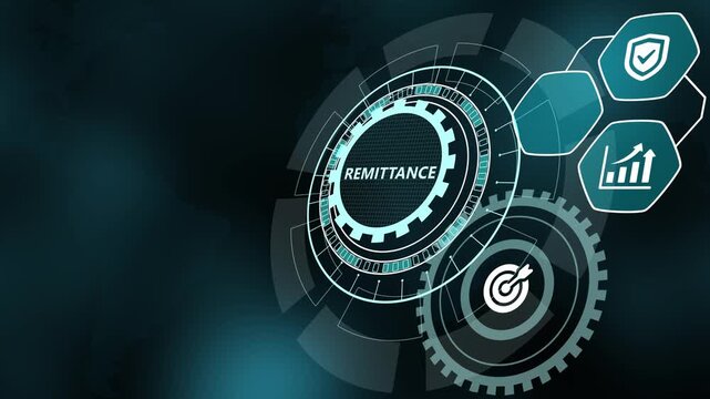 Global remittance concept featuring cross-border money transfer technology, currency exchange icons, and modern digital HUD interface