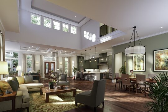 Detailed view of open-plan family room with clerestory windows in soft natural light