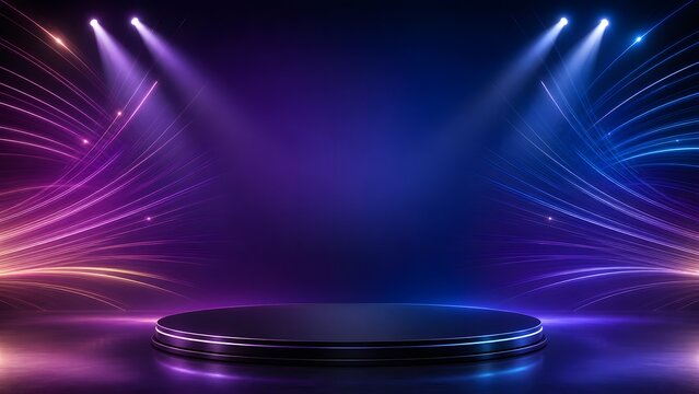 Cyber neon stage background with dark round podium and glowing light lines