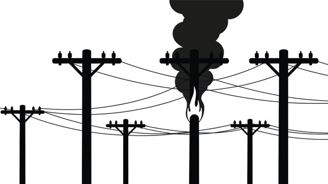 Black silhouette of a burning electrical utility pole with flames and thick smoke rising from the surrounded by other power poles and lines