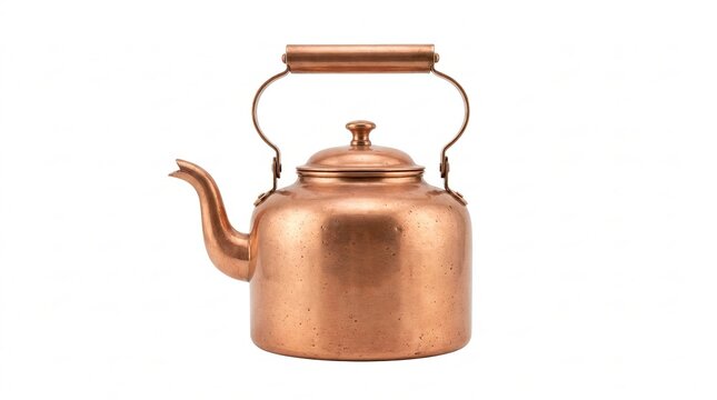 Copper kettle with curved spout and handle on white background