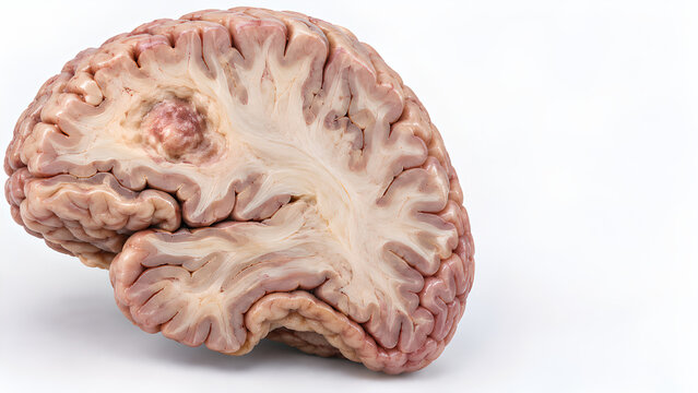 Brain tumor with a focal cerebral lesion in a photorealistic 3D medical render showing preserved surrounding anatomy and copy space for neurology education, patient information and healthcare design