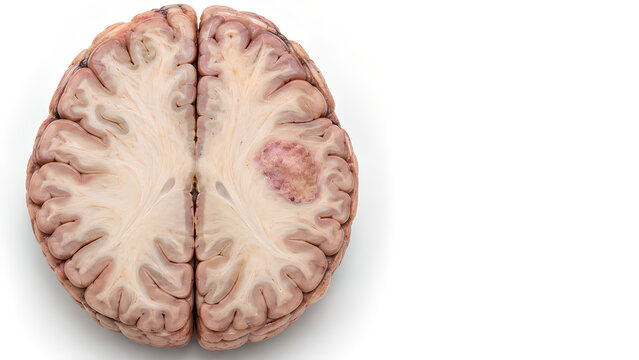 Brain tumor with a focal cerebral lesion in a photorealistic 3D medical render showing preserved surrounding anatomy and copy space for neurology education, patient information and healthcare design