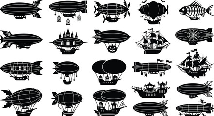 Assortment of black airship, dirigible, and steampunk zeppelin silhouettes, including fantasy flying ships, isolated on a white background © GT Designs