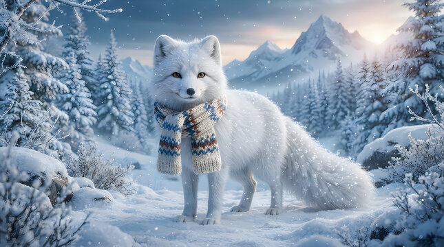 A cute arctic fox wearing a cozy knitted scarf standing in a beautiful snowy winter forest landscape