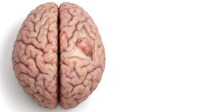 Brain tumor with a focal cerebral lesion in a photorealistic 3D medical render showing preserved surrounding anatomy and copy space for neurology education, patient information and healthcare design