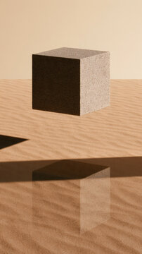 Floating compressed sand cube with precise geometric shadow on warm sand floor