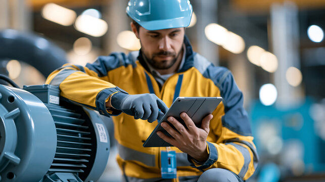 Factory maintenance technician examining vibration and temperature sensor readings on a handheld tablet beside an industrial motor, predictive analytics, machine condition