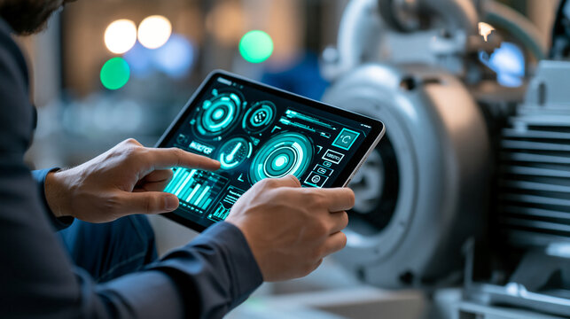 Factory maintenance technician examining vibration and temperature sensor readings on a handheld tablet beside an industrial motor, predictive analytics, machine condition