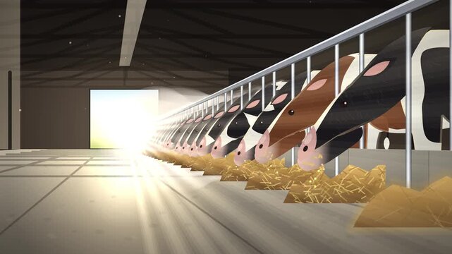 Dairy Cows Eating Hay in a Modern Barn with Sunlight Streaming Through Entrance