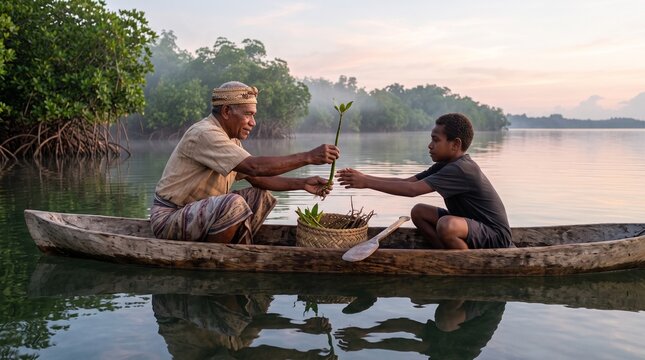 Indigenous elder teaching child mangrove reforestation from a wooden boat in a misty tropical river for environmental conservation marketing