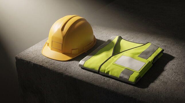 Construction safety equipment with yellow hardhat and reflective high vis vest on concrete