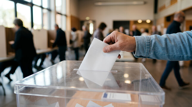 People participating in a voting process at a polling station with ballots being cast into a transparent ballot box in a busy