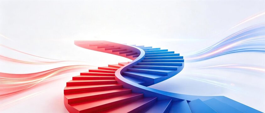 Abstract 3d curved spiral staircase split with red and blue color on plain white background with flowing light wave representing growth direction and progress concept