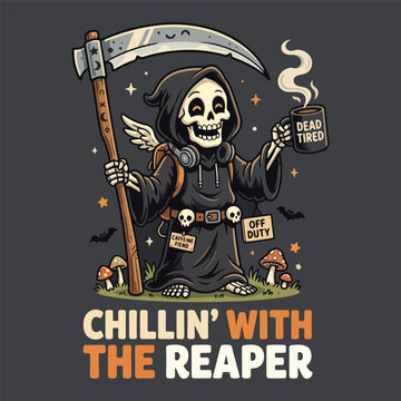 Vintage grim reaper chillin with coffee artwork
