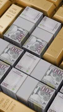 Vertical 3D Animation of Stacked Gold Bars and Bundles of Saudi Riyal Banknotes, Slow Cinematic Camera Movement, Wealth, Banking and Financial Investment Concept