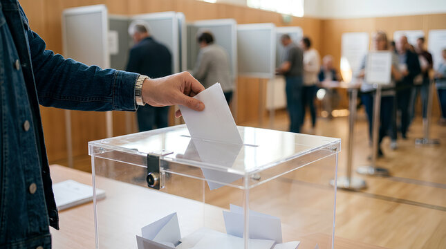 people casting votes at a polling station during election process with ballot box and multiple voters in the background