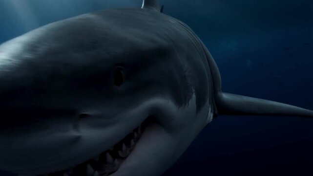 A great white shark swims closer with its mouth slightly open, revealing rows of sharp teeth against the dramatic, dark blue waters.