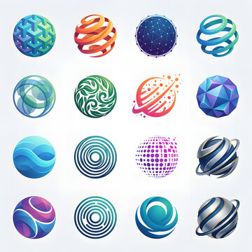 Collection Of Sixteen Colorful Abstract Sphere Designs Arranged In A Four By Four Grid, Featuring Gradient Colors, Geometric Patterns, Swirls, And Dotted Details With Dimensional Shading, ...