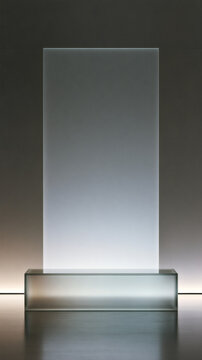 Translucent frosted glass monolith backdrop with sleek smoky glass podium and soft backlighting