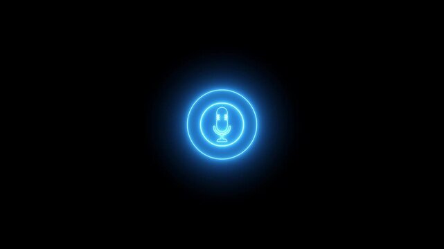 Glowing neon microphone icon on black background, digital sound frequency equalizer bars for podcast and music recording neon circle animated.