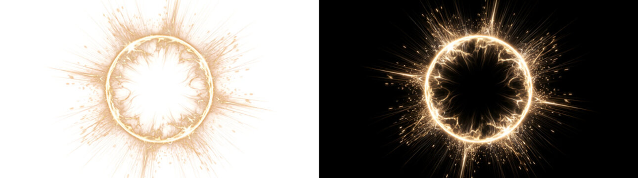 Golden energy ring with crackling electric veins and radiating sparks bursting outward for fantasy scenes in PNG, Transparent and Black Background Versions