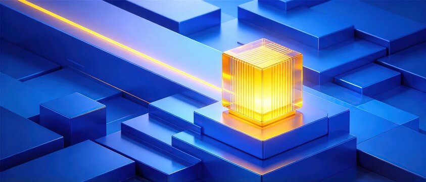 3d abstract modern technology concept with glowing transparent golden cube on stacked blue stepped blocks for innovation and premium business design banner