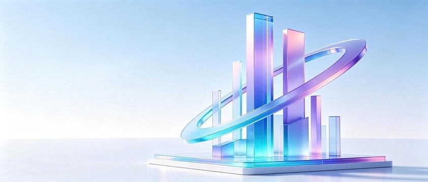 Abstract 3d modern business growth concept with transparent gradient glass bar chart shaped city skyline wrapped by large glowing glass ring on plain light background
