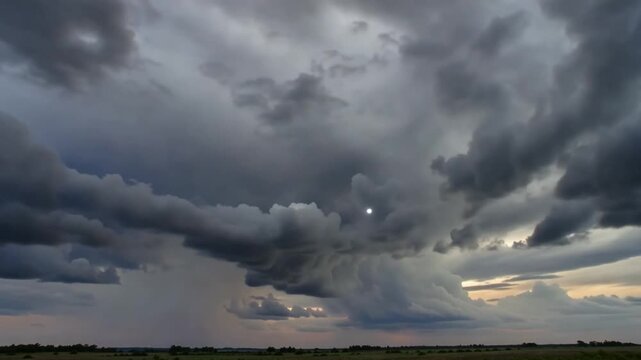 Mysterious unidentified aerial light drifting through dark storm clouds
