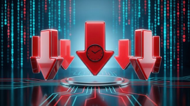 Red download arrows with clocks symbolizing time-sensitive downloads or data loss.