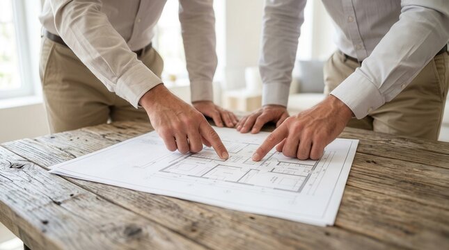 Two hands point at a detailed architectural blueprint on a wooden table.