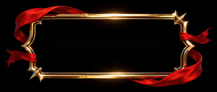 Luxurious empty wide rectangular golden frame wrapped with flowing red silk ribbons on solid black background ready for text or content for ceremonial event design