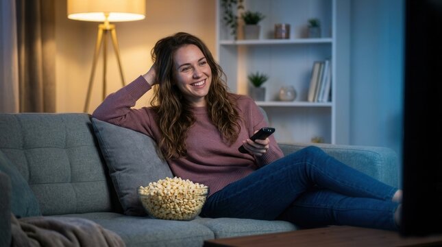Smiling woman eating popcorn and watching tv during a relaxed evening indoors