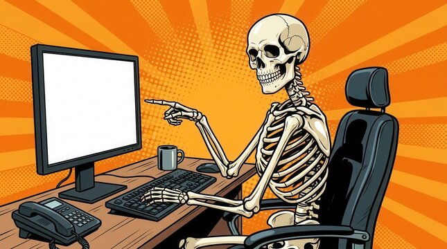 Skeleton sitting at desk and pointing at a computer screen against a vibrant orange background.