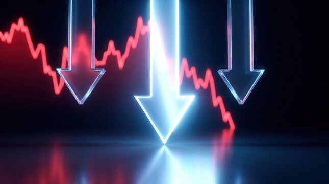 A sharp decline in market performance indicated by red graph lines and downward arrows.