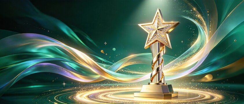 Luxury golden star trophy with sparkling diamond details on glowing green background with flowing colored silk ribbons representing award achievement and victory ceremony concept