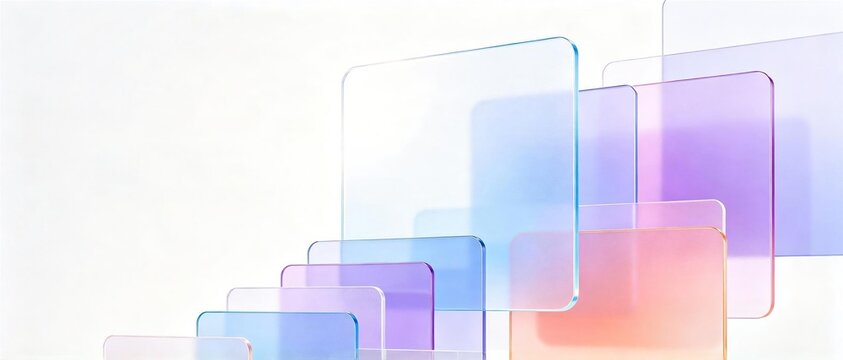 Modern abstract panoramic background with layered gradient transparent frosted glass square panels in soft blue pink and purple on clean white background for contemporary design