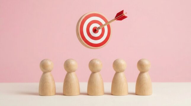 Wooden figures gaze upward at a target with an arrow perfectly centered in its bullseye.