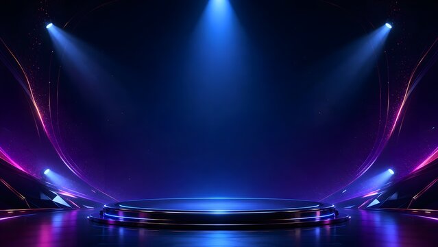 Futuristic neon event stage background with dark circular podium and spotlights