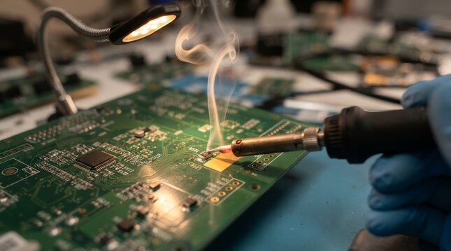 Technician in blue gloves soldering a green circuit board with smoke rising at electronics workbench. Close-up of soldering iron on motherboard components. Electronics repair and PCB