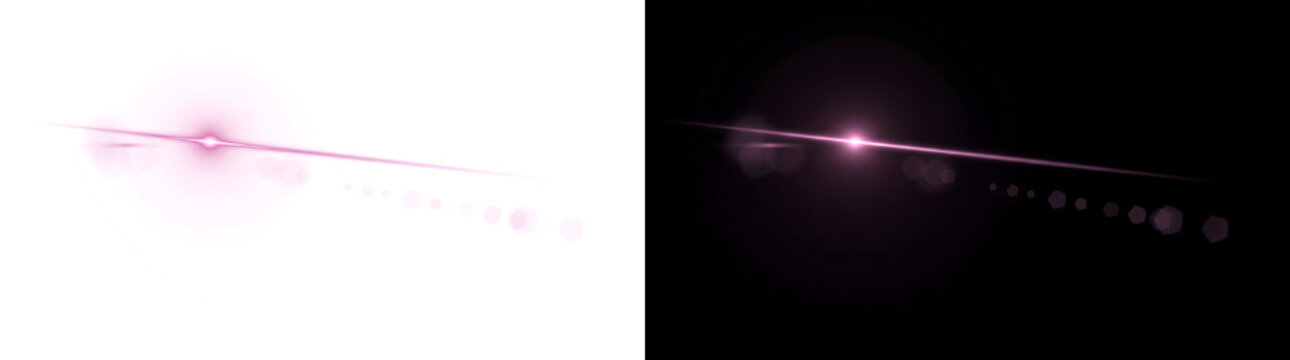 Pink anamorphic light streak with a small bright core and a trail of pentagon bokeh shapes for cinematic overlays in PNG, Transparent and Black Background Versions