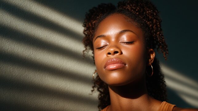 A serene portrait of a young woman with closed eyes, basking in natural light highlighting her features, perfect for capturing beauty and tranquility in a moment.