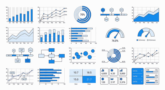 A collection of blue data visualizations including bar graphs line charts and pie charts on a white background analytics diagrams